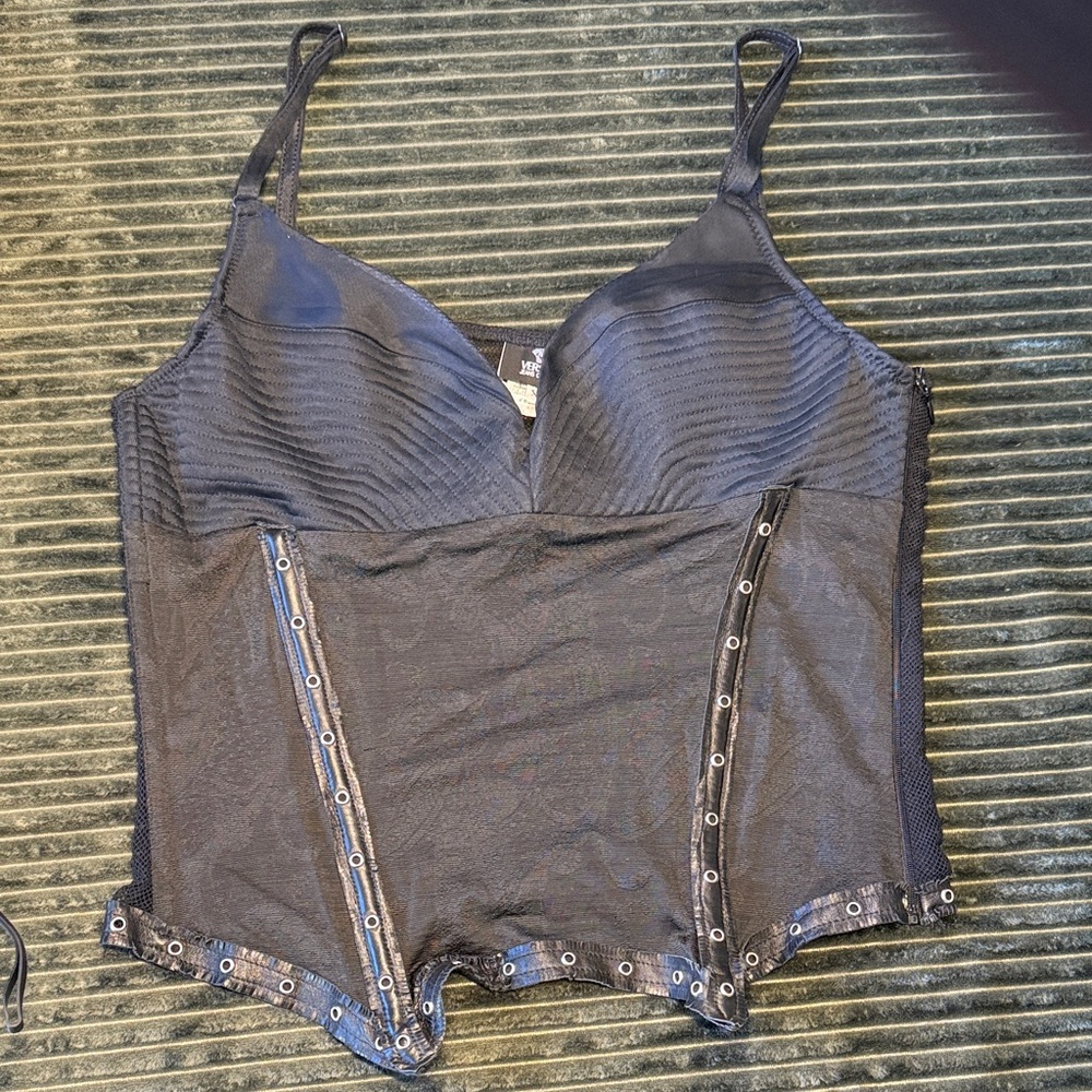 GUC Vintage Versace Jeans Couture Black Fishnet Leather Trim Corset Top Size XL
